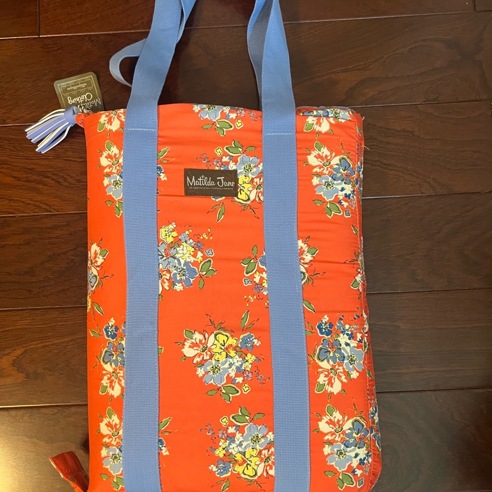 Matilda Jane Orange Floral picnic blanket with Blue Straps